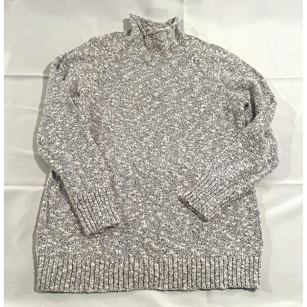 L.L.Bean Women's Cotton Knit Mock Neck Pullover Sweater Navy Blue White Sz Large